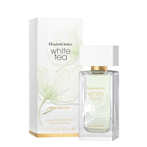 A perfume bottle and box labeled 'Elizabeth Arden White Tea,' with light green flower design on the box.