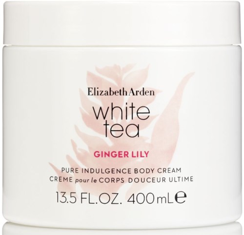 En vit burk med rosa blomsterdesign, märkt Elizabeth Arden White Tea Ginger Lily kroppskräm, 400 ml.