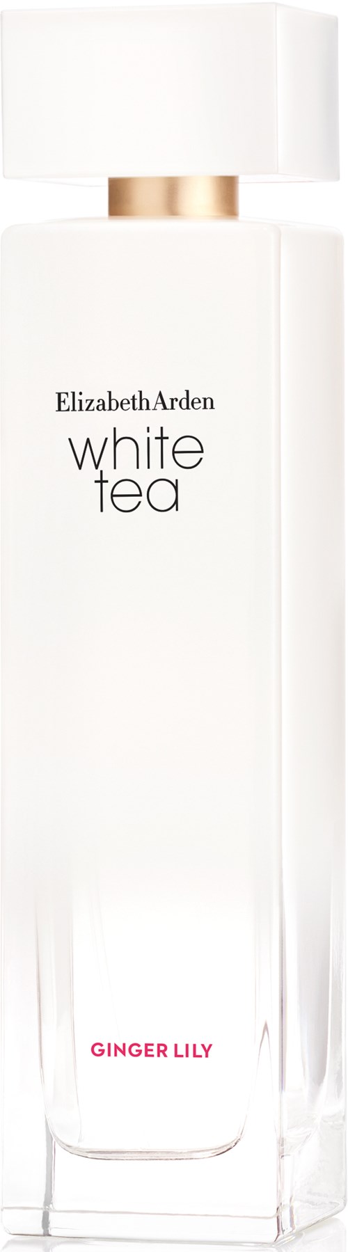 Eine weiße Tea-Flasche mit goldenen Akzenten und rosa Text, der 'Ginger Lily' sagt.