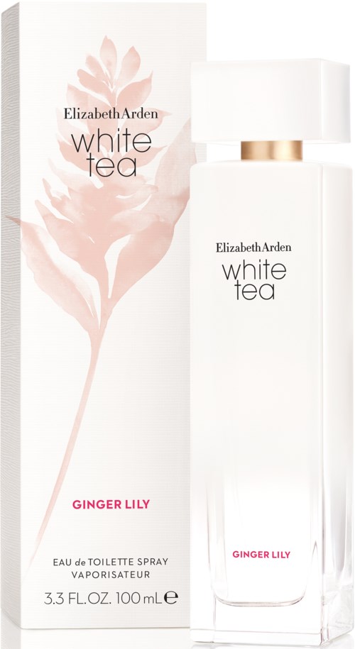 Ein Parfümflasche und eine Box mit der Aufschrift "Elizabeth Arden White Tea Ginger Lily" und einem zarten rosa Blumenmuster.