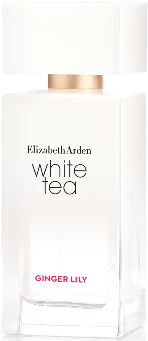 En vit parfylflaska märkt 'Elizabeth Arden White Tea Ginger Lily'. Enkel design med en stor vit kork.
