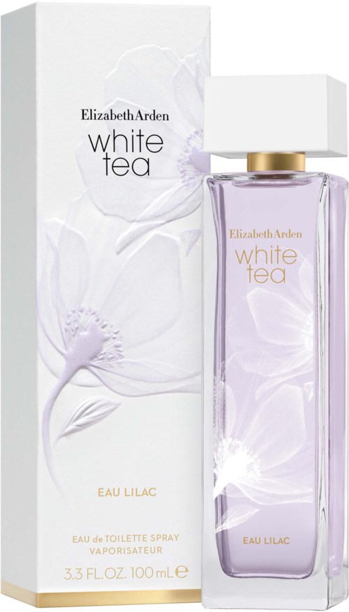 A white and purple perfume bottle with a white box, labeled 'Elizabeth Arden White Tea Eau Lilac.'