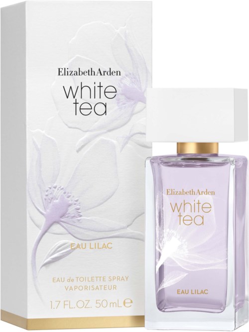 A perfume bottle labeled 'White Tea' by Elizabeth Arden, with a white box and a lavender-colored liquid inside.