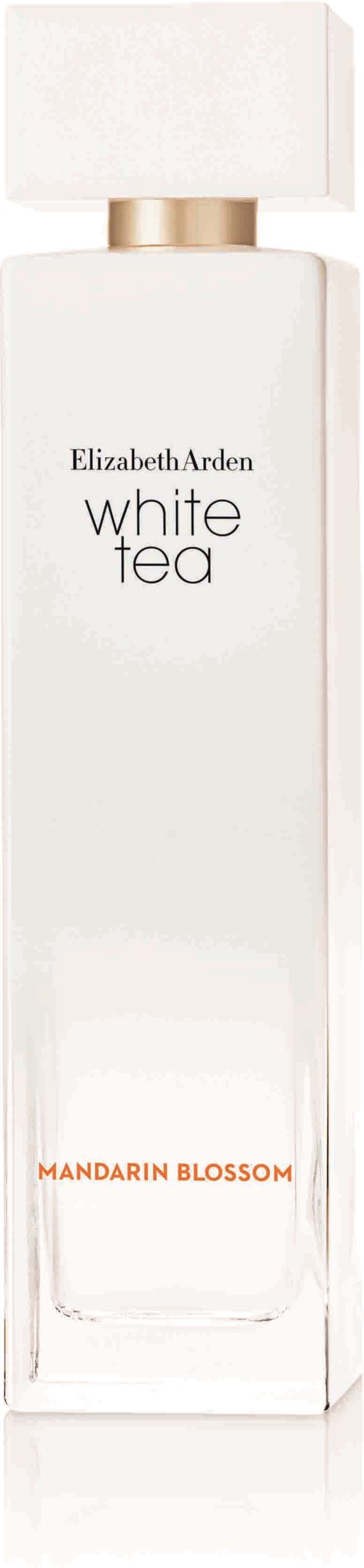A white bottle with a gold band, labeled 'Elizabeth Arden white tea,' and 'Mandarin Blossom' at the bottom.
