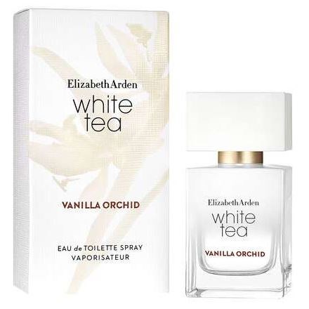 Ett vitt parfymförpackning och flaska med guldaccenter, märkt 'Elizabeth Arden White Tea Vanilla Orchid.'