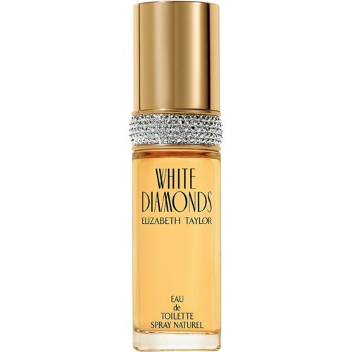 A perfume bottle with a gold cap, clear gemstone band, and yellow liquid inside, labeled 'White Diamonds' by Elizabeth Taylor.