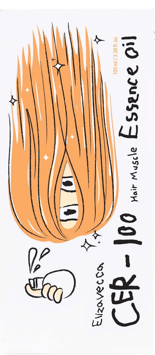 An illustration shows a character with long orange hair, a peace sign near the face, and text about CER-110 hair oil.