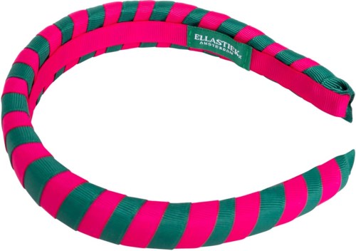 Värikäs raidallinen kangasnauha, jossa pinkki ja vihreä raidallinen, ELLASTICK-merkki vihreässä tarrassa.