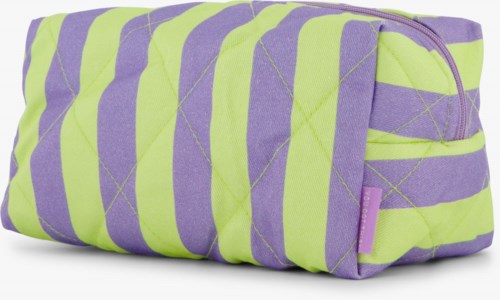 A soft, striped bag in purple and lime green colors, with a zipper and a small pocket.