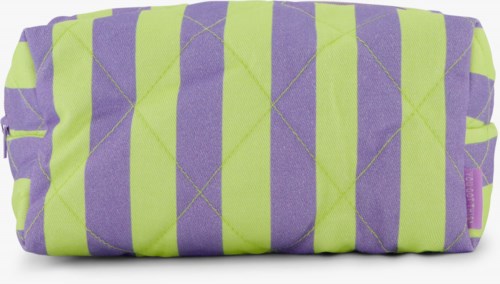 A colorful bag with green and purple stripes and yellow stitching, made of quilted fabric. It has a zipper.