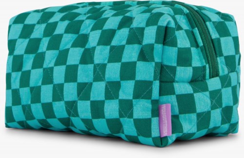 A checkered teal soft bag with a zipper, made of fabric material, used for storing personal items.
