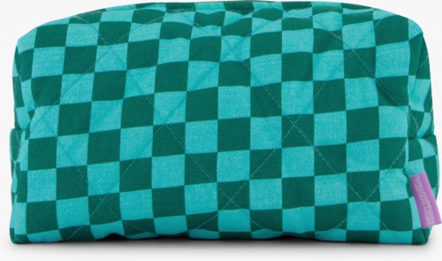 A teal and dark green checkered fabric pouch with a zipper on top and a purple tag on the side.