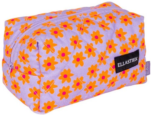 A bag with purple background and bright orange flowers, featuring a black label with white text.