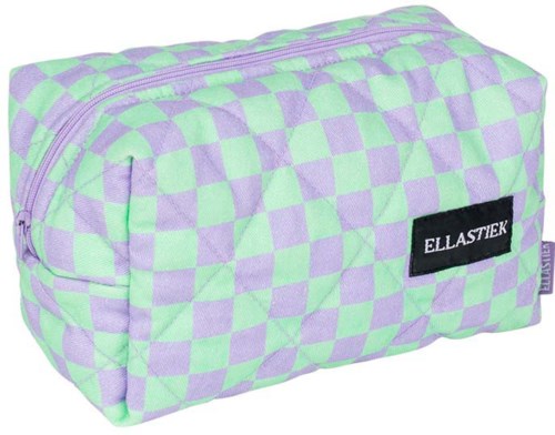A soft checkered pencil case with zipper and a label that says 'ELASTIEK' in black.
