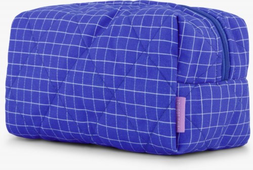 A blue fabric case with a checkered pattern, zipper on the side, used for storage or travel.