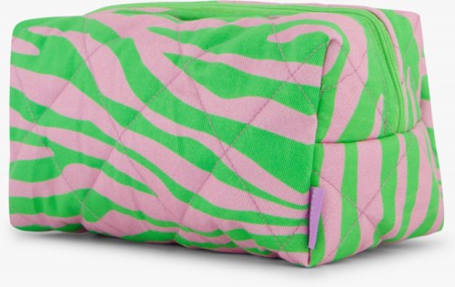 A green and pink zebra-patterned fabric bag with a zipper, looks soft and fluffy.