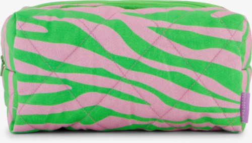 A colorful fabric case with pink and green zebra stripe pattern, rectangular shape, and a small purple tag on the side.