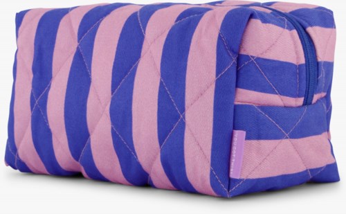 A striped fabric bag with a zipper, mainly purple and pink colors.