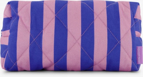 A quilted fabric bag with purple and pink stripes. It has a diamond pattern stitch and a small purple tag.