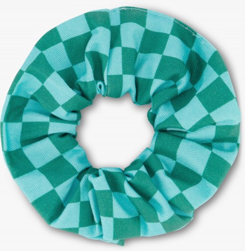 A checkered teal fabric hair scrunchie in a circular shape.