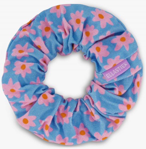 A fabric hair scrunchie with pink flowers on a blue background, labeled 'ELLASTICK'.