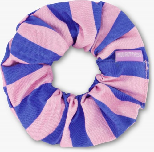A pink and blue striped fabric hair scrunchie with a small tag.