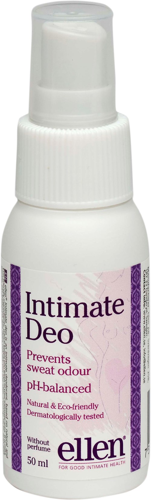 En liten vit sprayflaska märkt 'Intimate Deo' för att förhindra svettlukt, pH-balanserad, utan parfym, 50 ml.