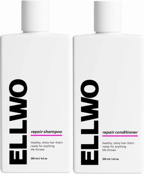 To hvite flasker med svart og rosa tekst, merket ELLO reparasjons-sjampo og balsam, 250 ml hver.