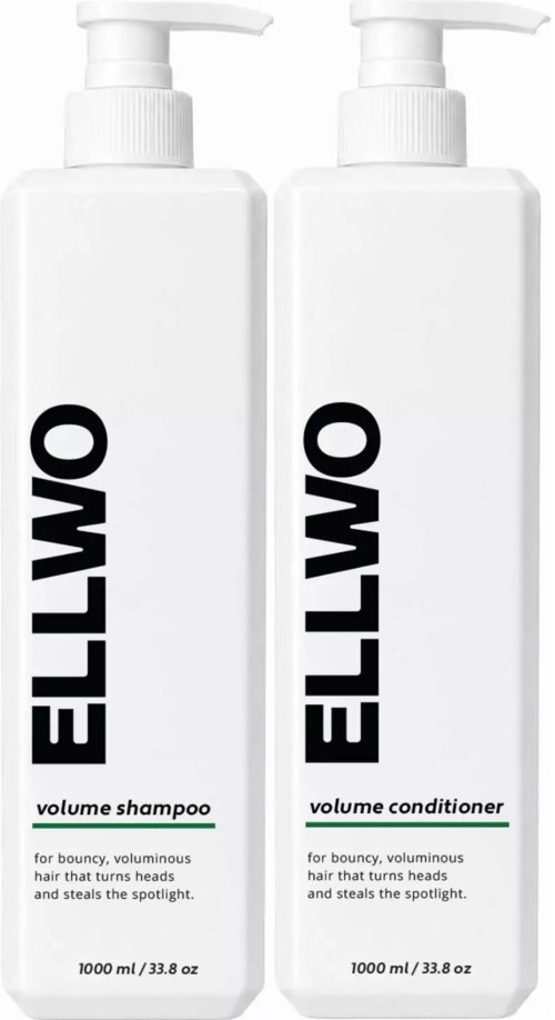 To hvite flasker med Ello volum sjampo og balsam med pump, plassert side om side, med svart og grønt tekst.