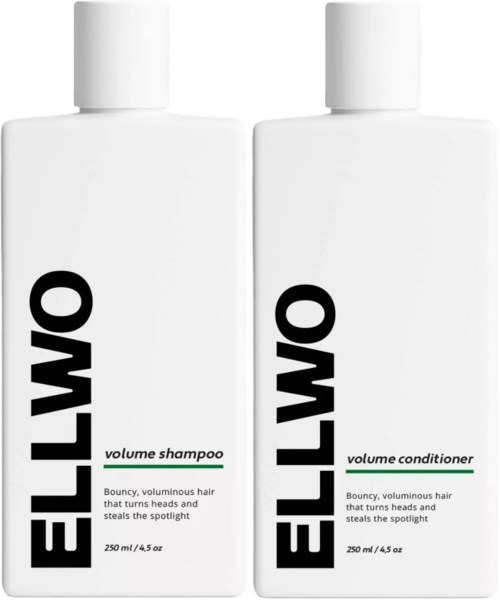 To hvite Flaske med Ellyo hårprodukter, en for volum sjampo og en for volum balsam, med svart og grønn tekst.
