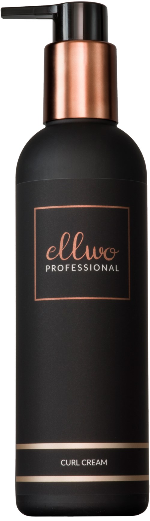 Czarna butelka z pompą, oznaczona 'ellwo PROFESSIONAL CURL CREAM' z różowo-złotymi akcentami.