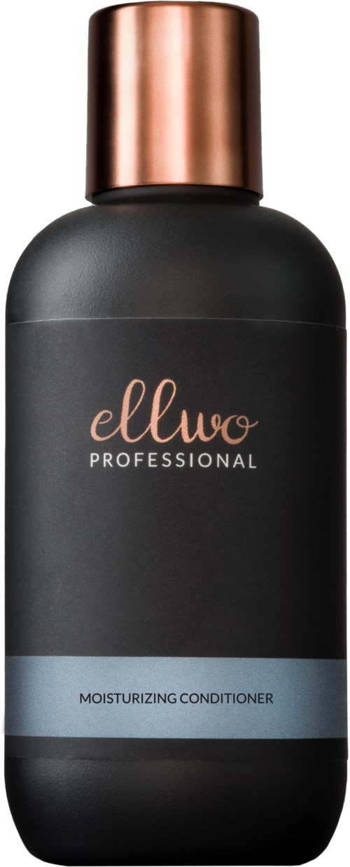 En svart flaske med gullkork, merket 'Ellwo Professional Moisturizing Conditioner.'