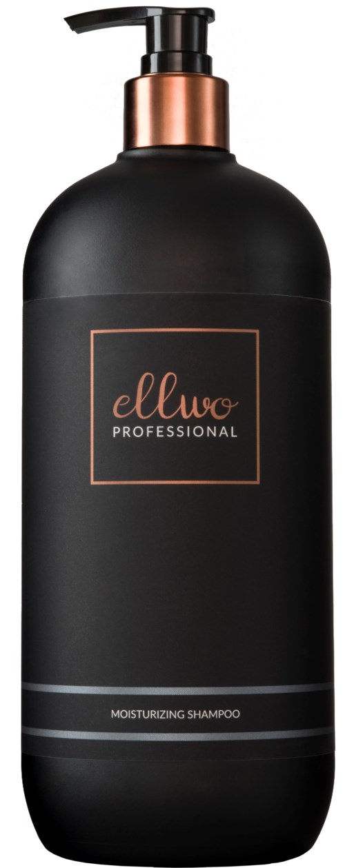 Czarna butelka z pompą, oznaczona 'ellwo PROFESSIONAL' i 'MOISTURIZING SHAMPOO', z różowo-złotymi akcentami na pompie.