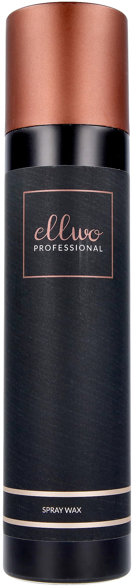 Musta suihkepullo, jossa on ruusukultainen kansi, ja siinä lukee 'ellwo Professional Spray Wax.'