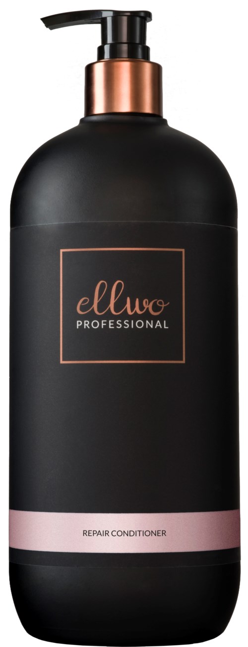 Czarna butelka z pompką, oznaczona 'ellwo professional' i 'repair conditioner'. Ma miedzianą nakrętkę.