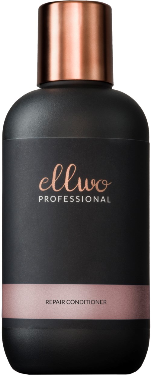 En svart flaske med rosegullhet lokk, merket 'Ellwo Professional' og 'Repair Conditioner'.