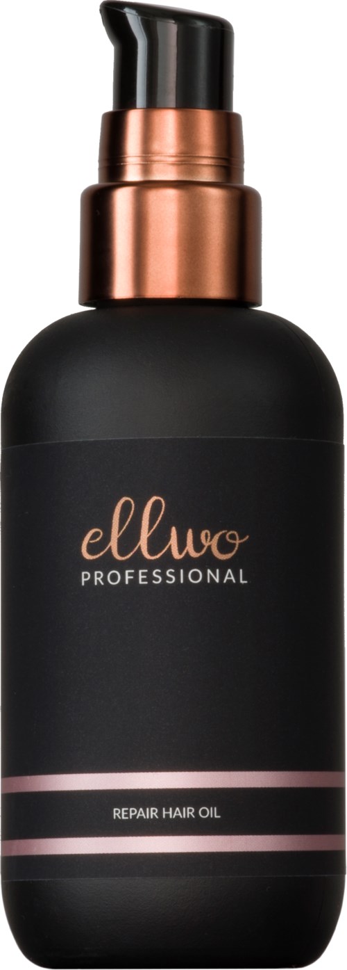 En svart flaska med pump, märkt "ellwo PROFESSIONAL Repair Hair Oil," med ros gold detaljer.