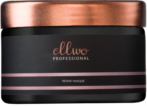 Czarna szczelka z miedzianym wieczkiem, oznaczona "ellwo professional repair masque."