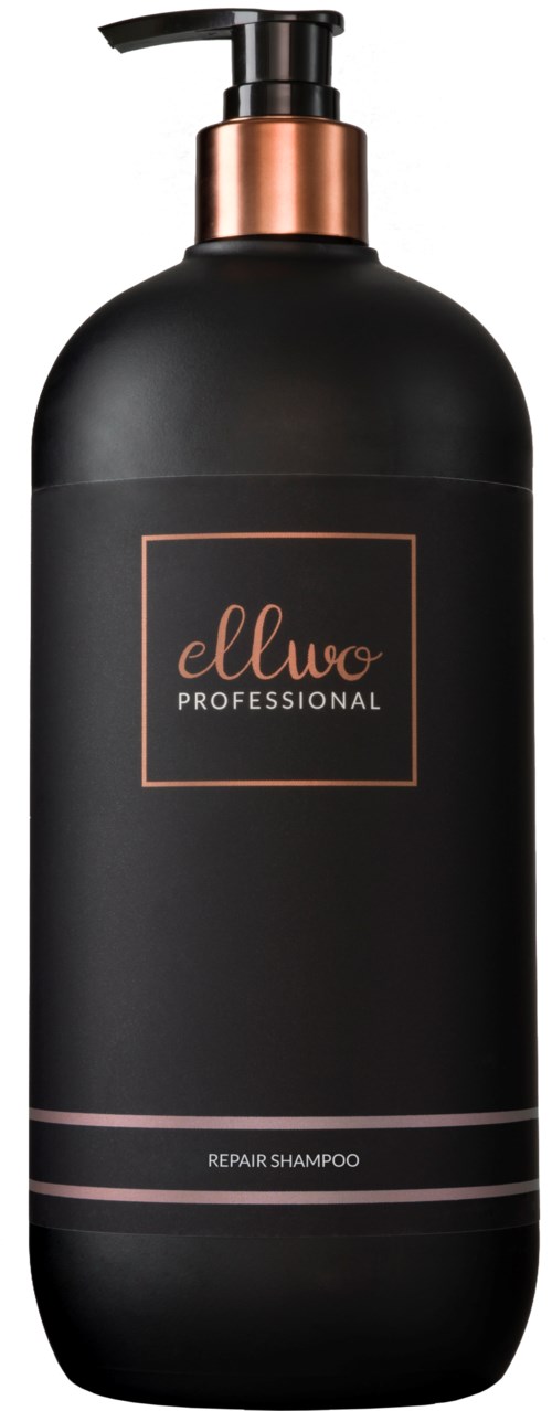 Czarna butelka z dozownikiem. Ma różowe złote akcenty i napis "ellwo Professional Repair Shampoo".