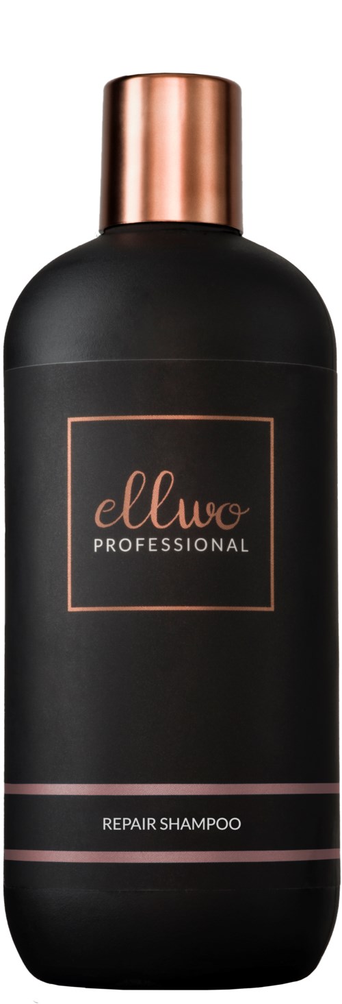 Czarna butelka z różowym złotym korkiem, oznaczona Ellwo Professional Repair Shampoo.