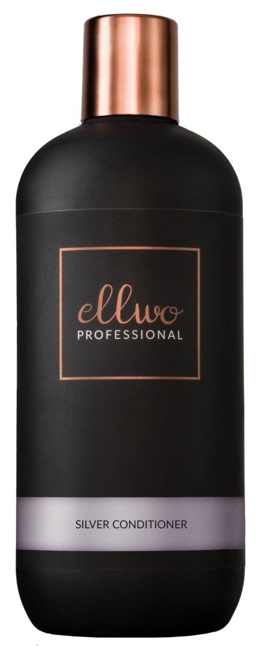 En svart flaske med kobberlokk merket 'ellwo PROFESSIONAL' og 'SILVER CONDITIONER'.
