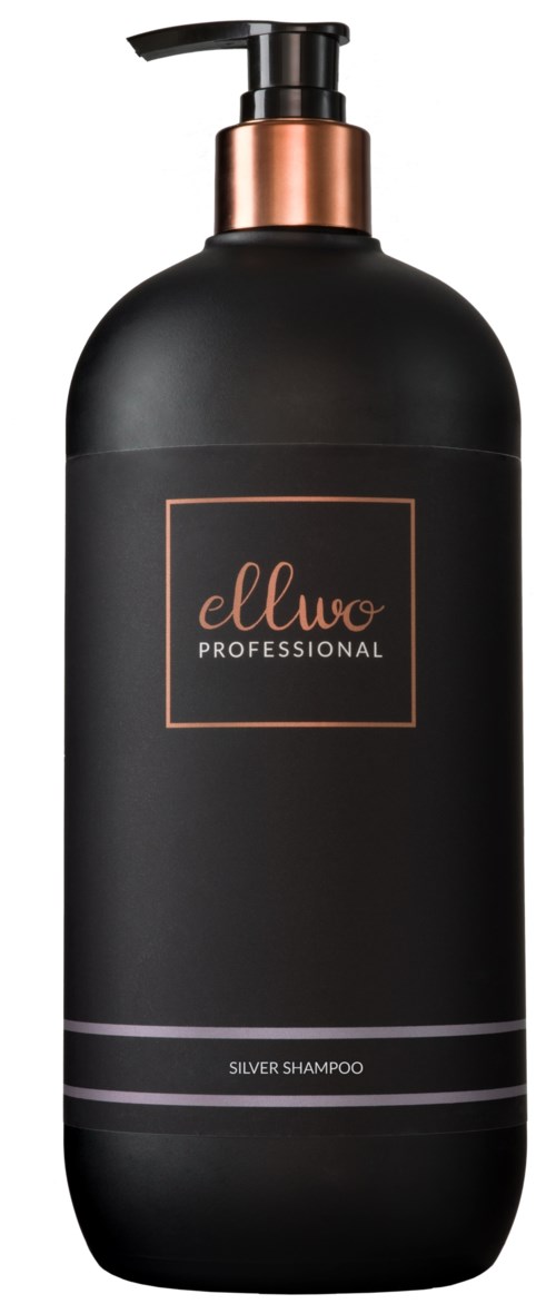 Svart flaske med pumpe, rosegull-krage, og etikett som sier Ellwo Professional Silver Shampoo.