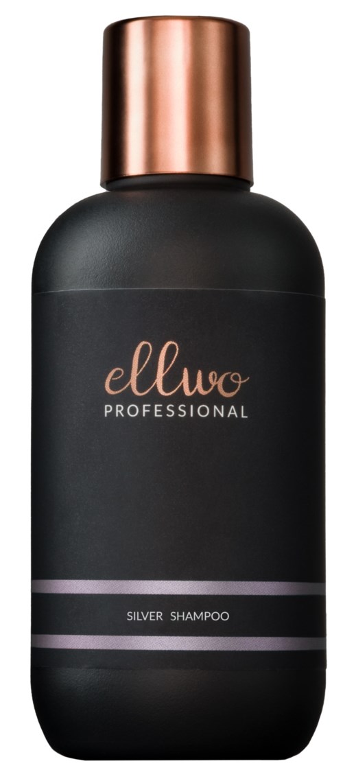 En svart flaske med gullaktig hette merket 'Ellwo Professional Silver Shampoo'.