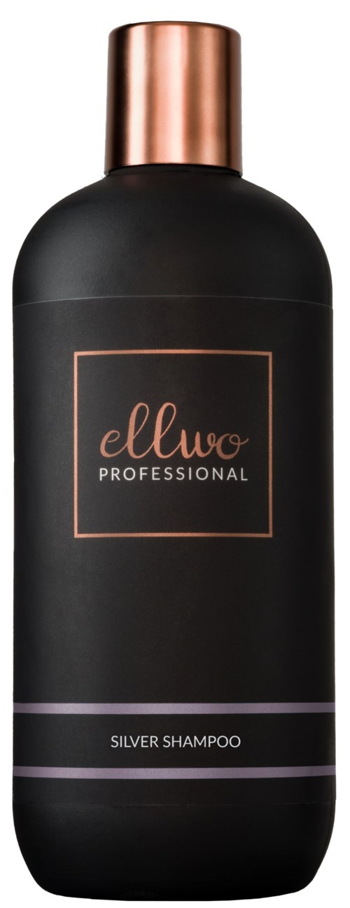 En svart flaske med kobberhette merket "ellwo PROFESSIONAL SILVER SHAMPOO."
