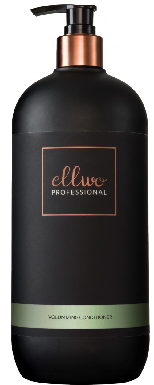 Czarna butelka z pompką, oznaczona 'ellwo professional' i 'volumizing conditioner' z zieloną linią.