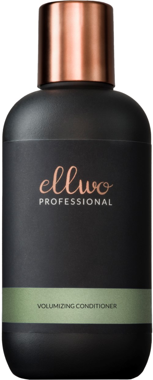 En svart flaske med koblingslokk, merket 'ellwo PROFESSIONAL' og 'VOLUMIZING CONDITIONER'.