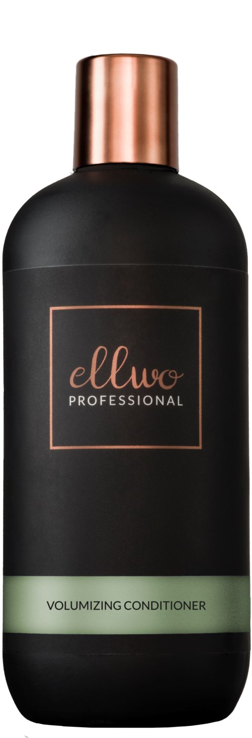 En svart flaske med kobberfarget hette, merket Ellwo Professional Volumizing Conditioner.