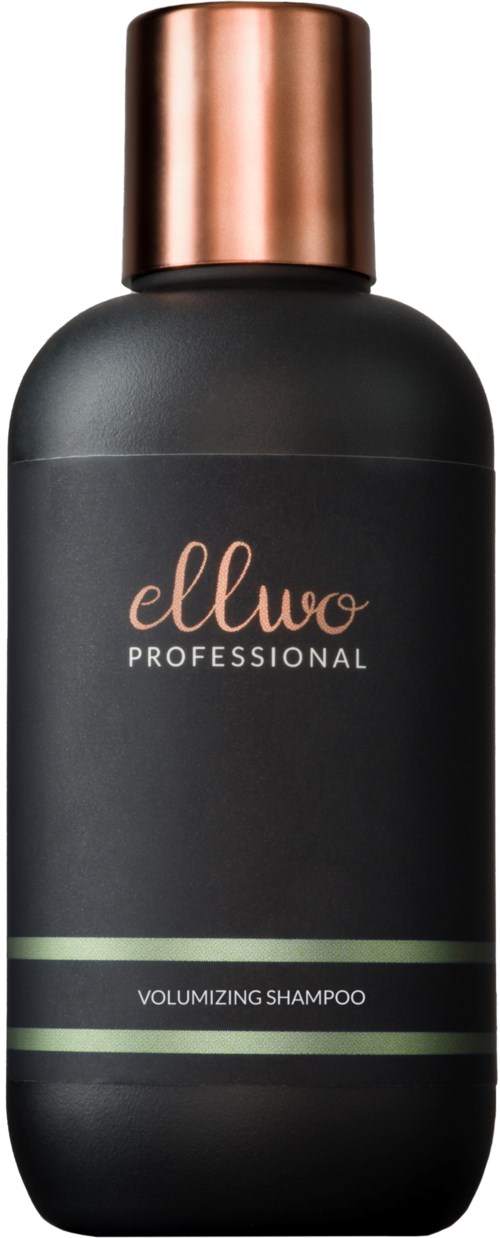 En svart flaske med et roségull-lokk, merket 'Ellwo Professional Volumizing Shampoo'.