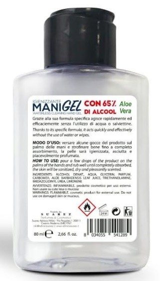 En tydlig flaska handdesinfektionsgel med etikett på italienska och engelska, innehåller aloe och alkohol, 80 ml.