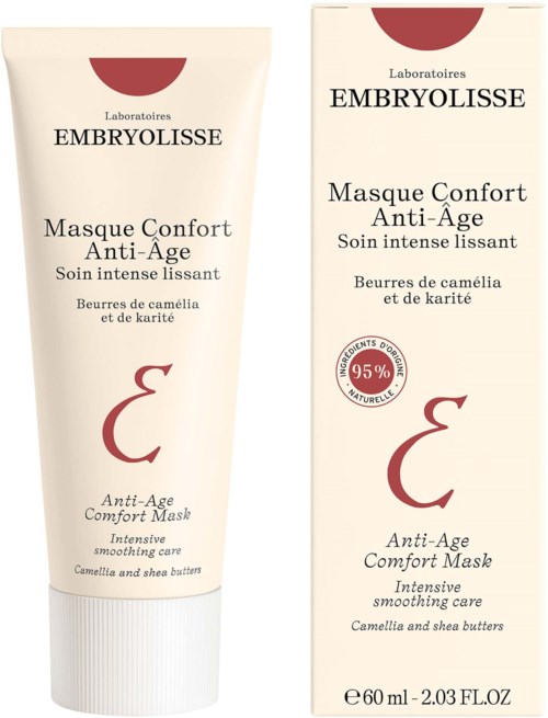 En tub och förpackning av Embryolisse anti-age slätande mask med kamel- och sheasmör, 60 ml. Enkel krämförpackning.